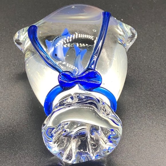 MURANO Art Glass Paperweight RARE: 2 BLUE Fish in a Bag Hand-blown Glass Ribbon - Picture 6 of 7